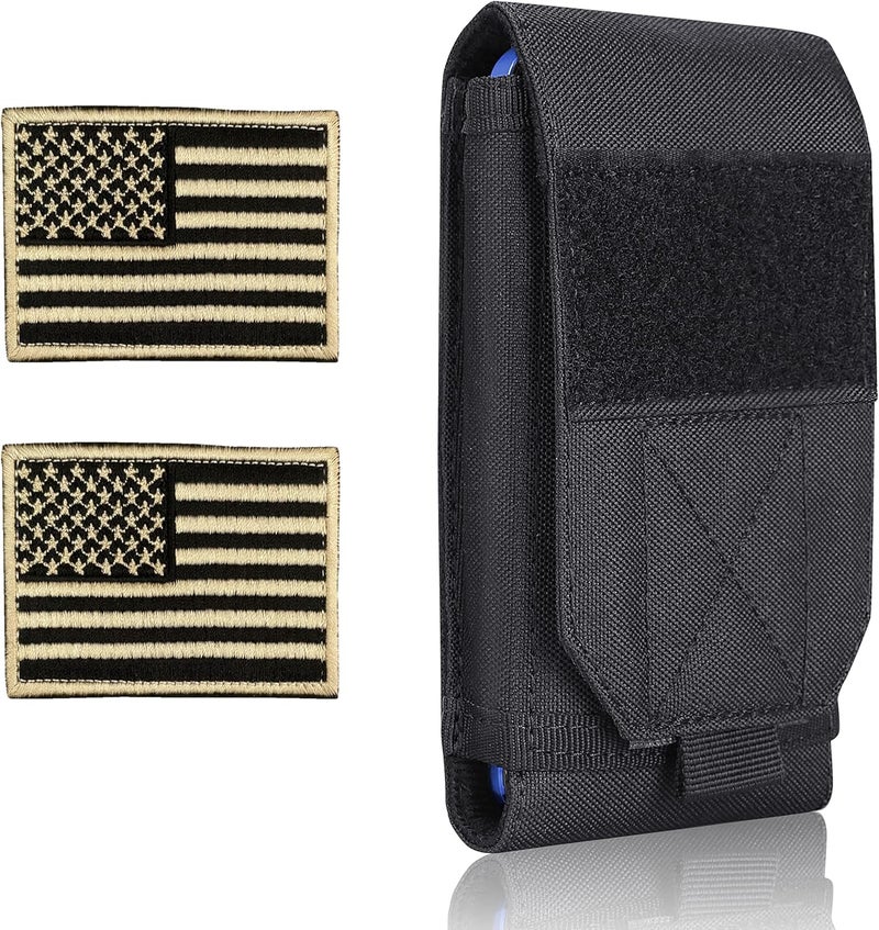 Heyqie Black Tactical Molle Cellphone Pouch Case,Heavy Duty Waterproof Phone Holster Bag for iPhone 11 12 13 Pro Max for Samsung S22 S21 S20 FE Note 20 A02S Less 6.7" Phone with 2 Pack US Flag Patch - Image 1